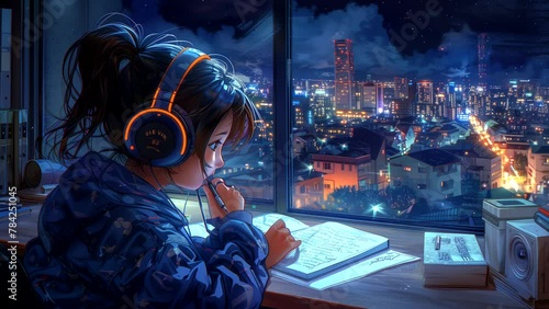Lofi anime girl studying while listening to relaxing music. seamless looping 4k time-lapse animation video background