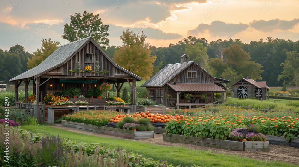 Rural house and food stand with outdoor raised garden beds. Country living and farming.