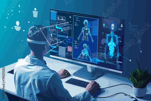 Virtual telemedicine consultation with AI-powered diagnostics, wearable health monitors, and remote patient care photo
