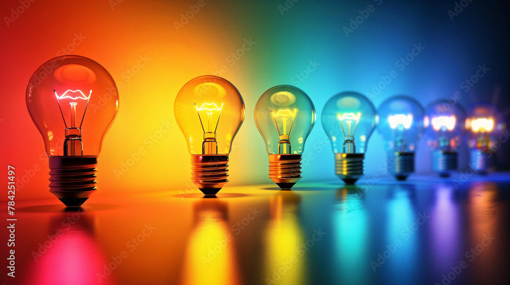 Row of Electric Light Bulbs Glowing with Different Colors Row of Electric Light Bulbs Glowing with Different Colors