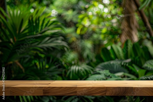 Generative AI : empty table top wooden counter podium in outdoor tropical garden forest