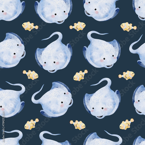 Cute Stingray and Clownfish Seamless Pattern on navy blue background illustration