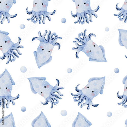 Cute Squid Seamless Pattern on white background illustration © titaporn