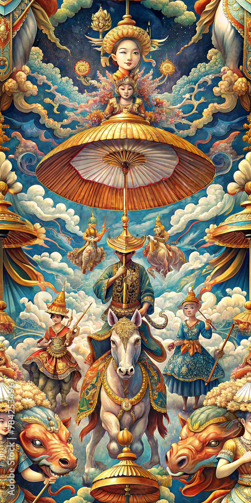 Fototapeta premium An intricate and colorful illustration featuring multiple individuals riding on various animals including an elephant, a deer, and a tiger, with their faces obscured, holding an ornate umbrella, adorn