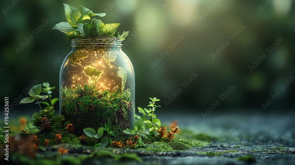 realistic Jar emerging out of green planet earth realistic Jar emerging out of green planet earth