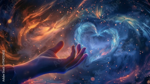 In a romantic moment captured in exquisite detail, a girl's hand delicately forms a heart shape in an abstract yet unmistakable gesture of love. 

 photo