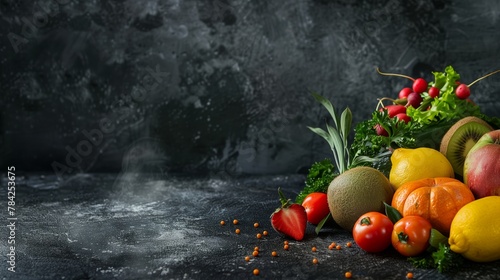 Vibrant Fresh Fruits and Vegetables on Dark Surface