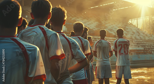 A group of male soccer players in white and red uniforms standing on the field, with sunlight shining down from behind them