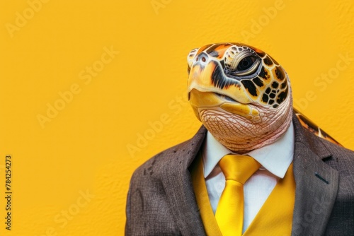 A sea turtle looking dignified in a brown business suit and yellow tie, against a yellow background.