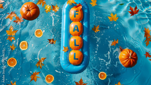 Fall season background with swimming pool water with fall word written with orange inflatable pool floats on blue water and autumn leaves
