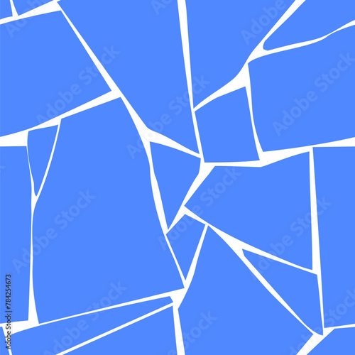 Seamless pattern background of ornament with fragments of blue broken ceramic tile or glass in flat design style isolated on white. Vector illustration