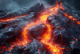 Close up of active lava flow and lava rocks natural wallpaper background