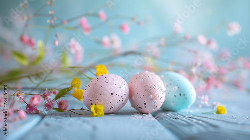 Elegant Easter card showcasing a nest filled with an assortment of colorful eggs in light pastel shades. The eggs are delicately speckled  resembling a natural  subtle texture 