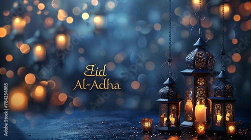 Illustration of a backdrop written with Eid al-Adha with Arabian style of theme a background illustration for text or product, Generative AI. photo