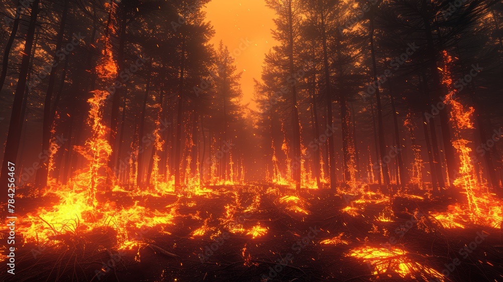 Climate Change: A 3D vector illustration of a forest on fire Climate Change: A 3D vector illustration of a forest on fire