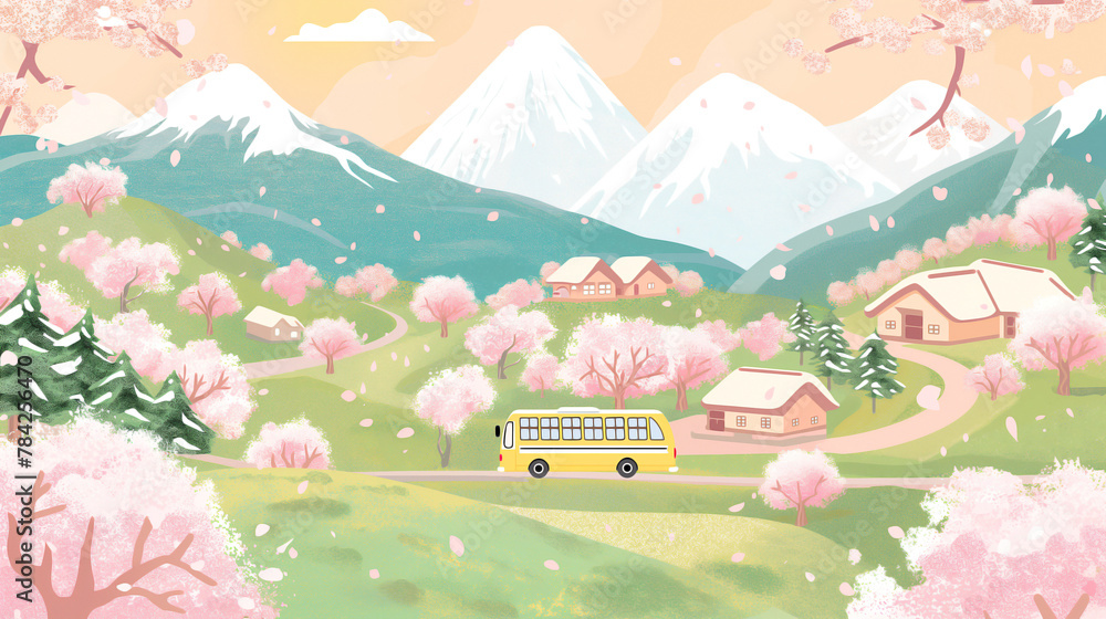 A whimsical vector illustration of an idyllic Spring landscape with snow-covered mountains, small villages in the distance, and Sakura trees dotting the scene