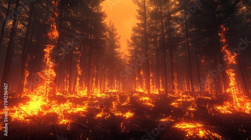 Climate Change: A 3D vector illustration of a forest on fire