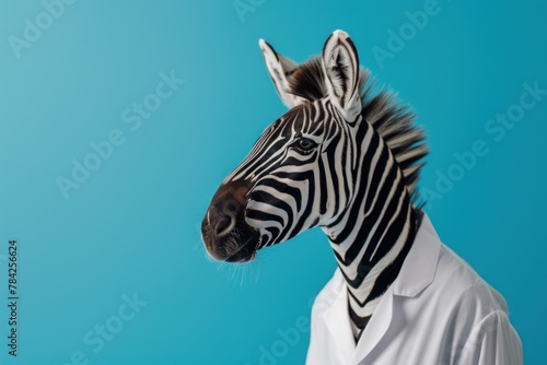 A zebra wearing a doctor s coat  looking to the side  against a blue background.