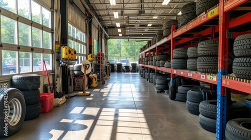 Spacious tire warehouse with organized shelves and natural light