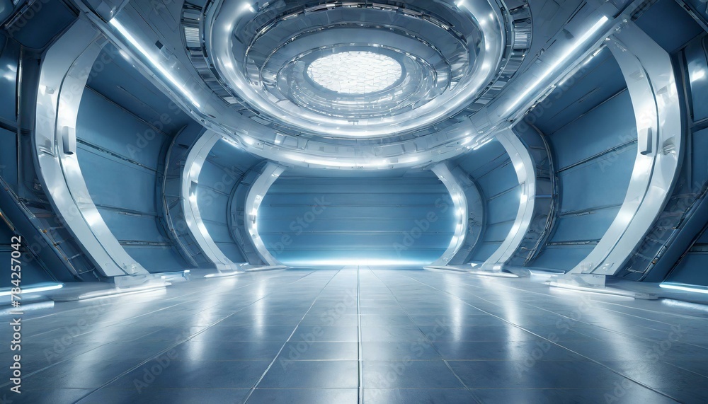 Blue Horizon: Crafting an Empty Light Blue Studio Room with Futuristic Sci-Fi Vibes and a Spacious, Illuminated Design Blue Horizon: Crafting an Empty Light Blue Studio Room with Futuristic Sci-Fi Vibes and a Spacious, Illuminated Design