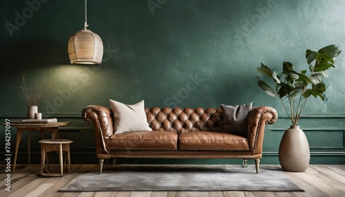 Sophisticated Serenity: Illuminating a Space with a Leather Sofa Against an Empty Dark Green Wall Background"