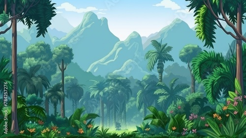 tranquil cartoon forest with a pond and mountains, full of lush greenery and diverse flora
