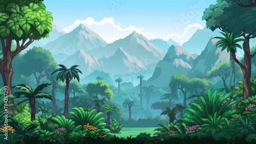 tranquil cartoon forest with a pond and mountains, full of lush greenery and diverse flora