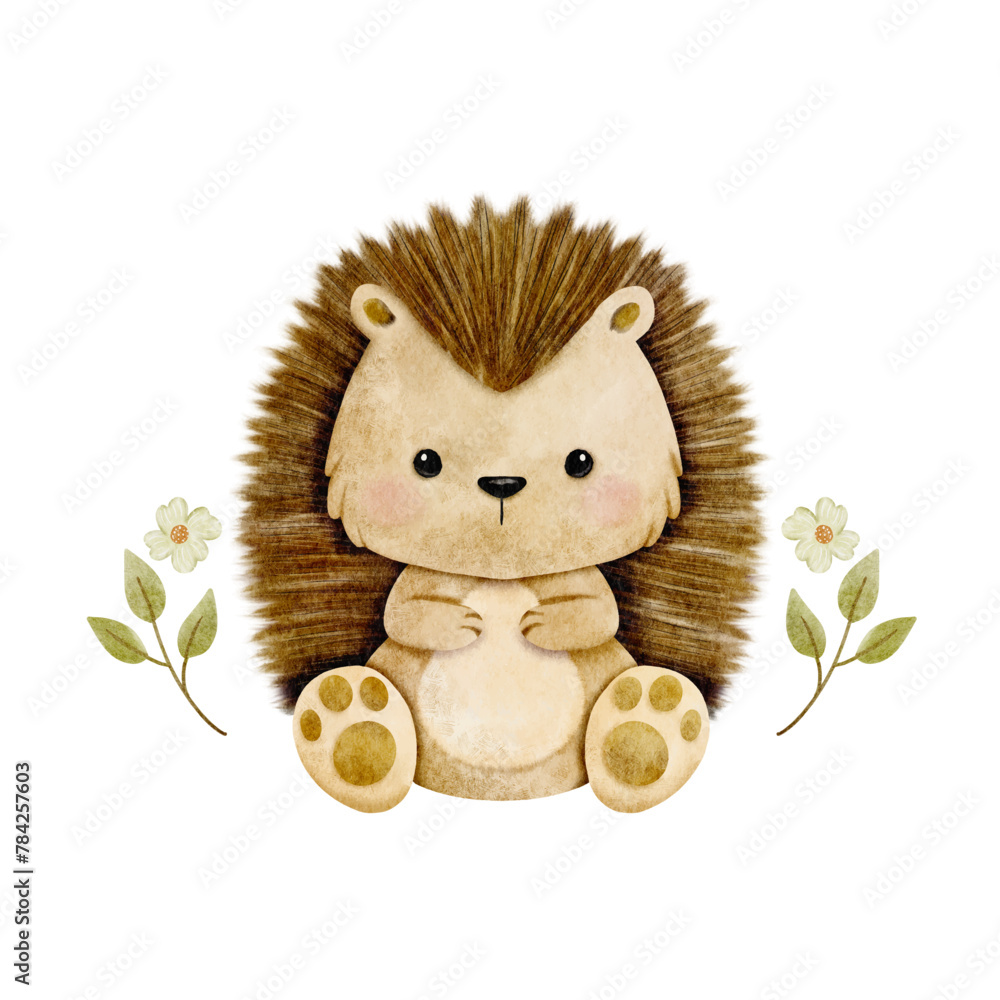 Vector cartoon watercolor of woodland animal with Hedgehog sitting in leave and flower wreath for Baby Nursery Decor - obrazy, fototapety, plakaty 