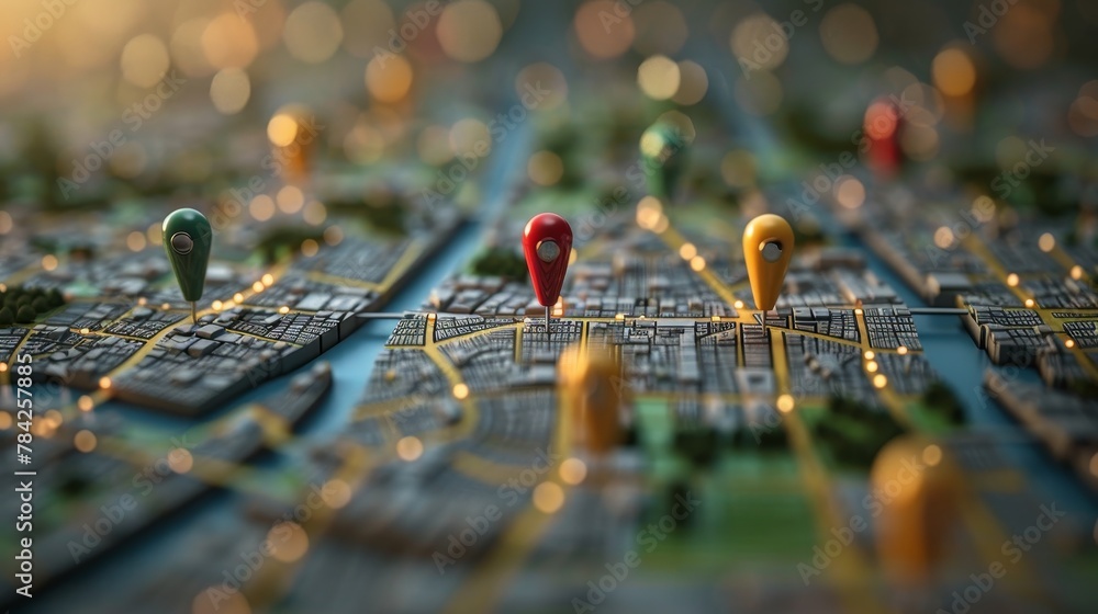 Event Planning: A 3D vector illustration of a map with pins indicating various venues and logistic details Event Planning: A 3D vector illustration of a map with pins indicating various venues and logistic details