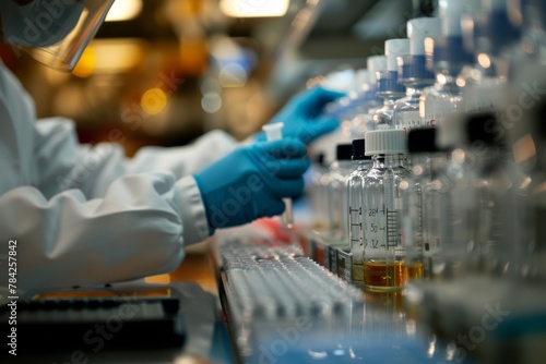 Skilled Laboratory Technician Handling Samples Among Test Tubes and Flasks