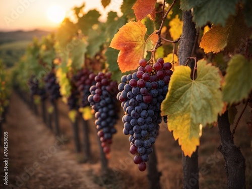 Bunch of red grapes hanging from a vine. The grapes are plump and appear to be ripe