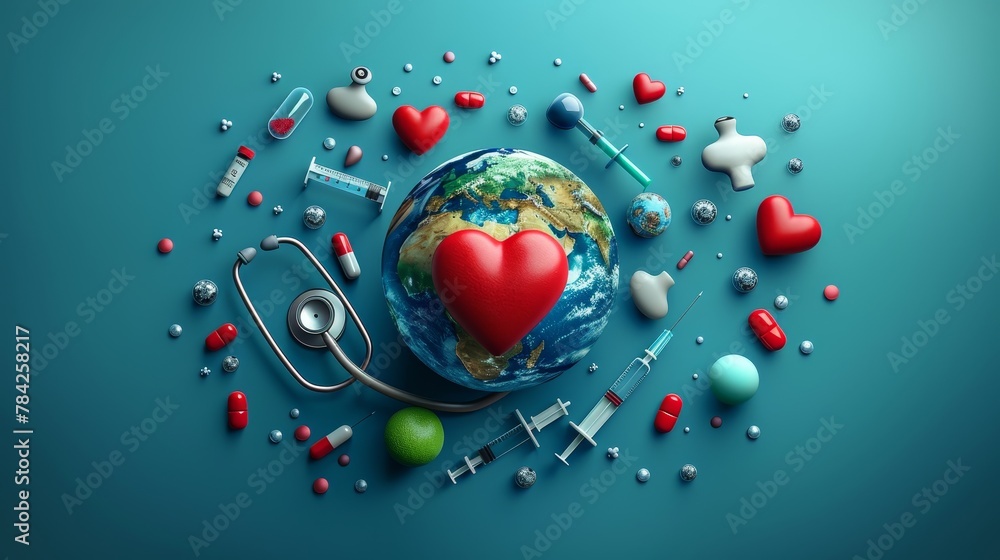 Global Health: A 3D vector illustration of a world globe surrounded by medical icons Global Health: A 3D vector illustration of a world globe surrounded by medical icons