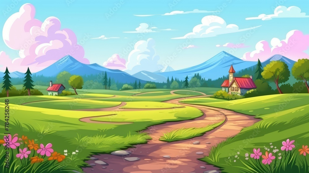 vibrant landscape with a winding path, colorful flowers, and distant mountains under a blue sky