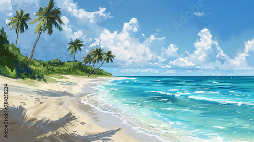 An illustration of a serene tropical beach scene