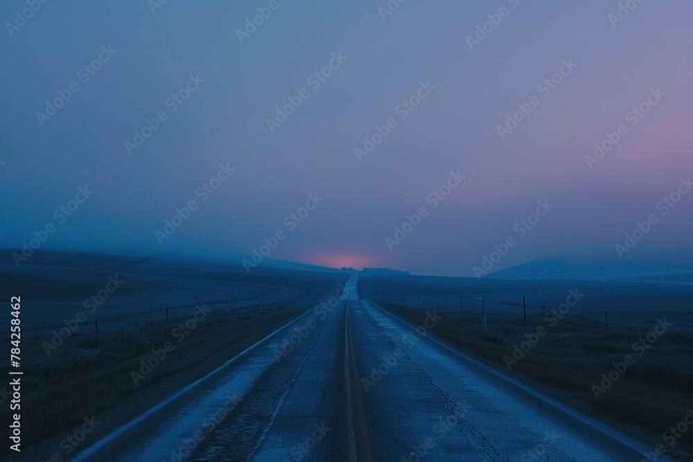 Twilight over a wet, desolate road extending to the horizon under a colorful evening sky.