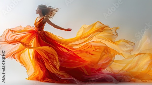 A woman in a long orange dress is dancing in the air
