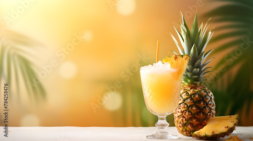pineapple juice .Fresh Orange Drink Placed On Wooden Planks Blur Beach On Background.