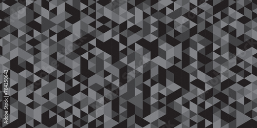 	
Abstract geometric black and gray background seamless mosaic and low polygon triangle texture wallpaper. Triangle shape retro wall grid pattern geometric ornament tile vector square element.