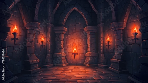 Castle dungeon interior with stone brick walls and torches, mystical chamber, lit by torches, with a figure in a glowing archway, inviting adventure