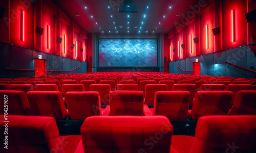 Cinematic Immersion Awaits: An Empty Theater Hall with Inviting Red Seats and a Blank Screen, Primed to Transport Audiences into Captivating Storytelling Experiences on the Silver Screen