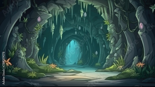 cave mystical forest with magical lighting, inviting into a fantasy world