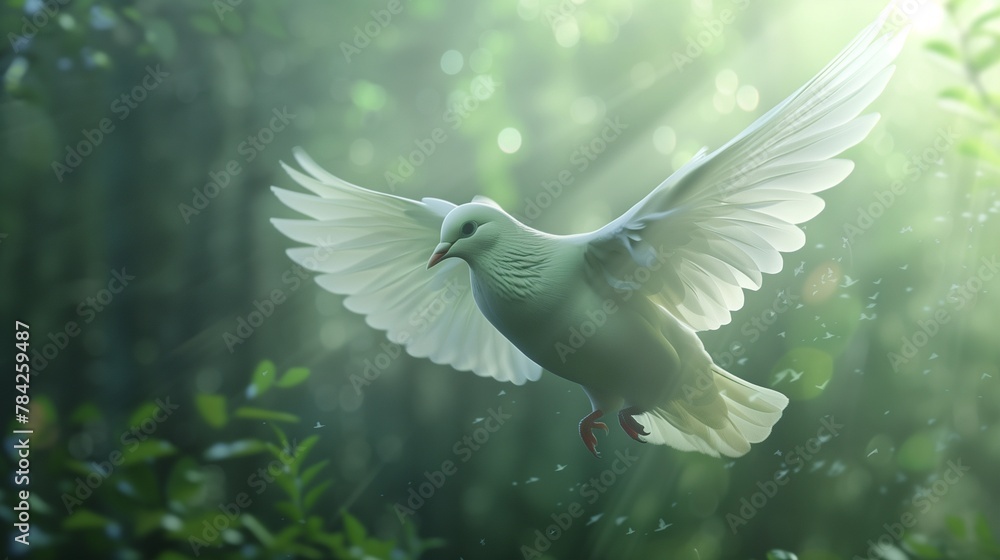 Fototapeta premium An artistic representation of a white dove in flight, symbolizing peace and reconciliation following a conflict or argument, often used in themes of harmony and unity.