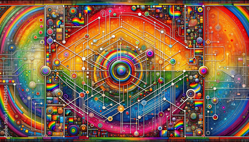Psychedelic Network Maze: Intricate Circles and Vibrant Pathways in a Futuristic Digital Canvas