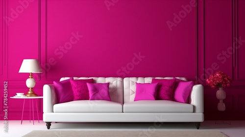 An elegant living room adorned with a pristine white sofa against a dynamic fuchsia 3D wall, exuding sophistication.