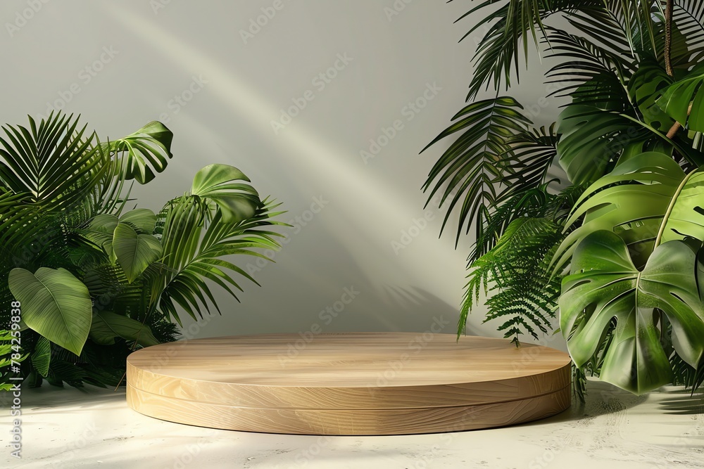 Obraz premium Beautiful round wooden empty podium for product stage, mockup product display