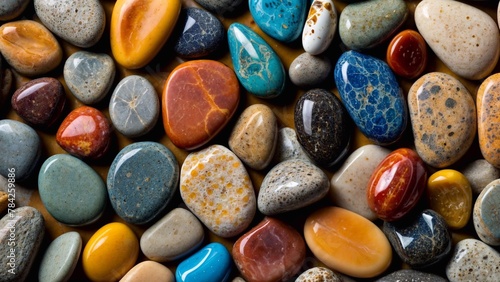 Multi-colored smooth stones close-up, different textures and shades. Generative AI.