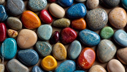Multi-colored smooth stones close-up, different textures and shades. Generative AI.