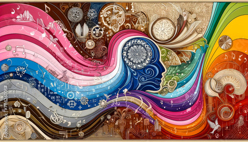 Melodic Symphony: Spirited Abstract with Harmonious Swirls and Multicultural Celebratory Themes