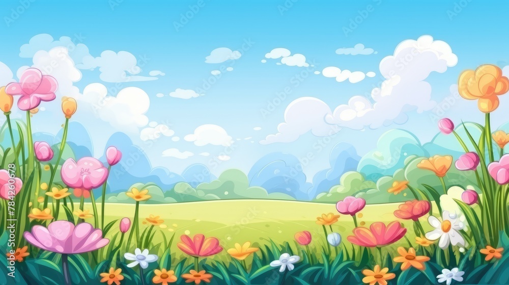 vibrant cartoon landscape with lush hills, a meandering path, and a cheerful sky vibrant cartoon landscape with lush hills, a meandering path, and a cheerful sky