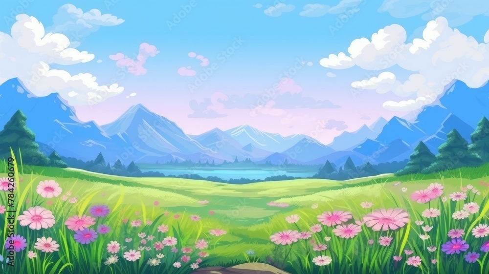 vibrant cartoon landscape with lush hills, a meandering path, and a cheerful sky vibrant cartoon landscape with lush hills, a meandering path, and a cheerful sky